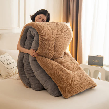 Coperta in jacquard Sherpa con foglie di Ginkgo e anima trapuntata