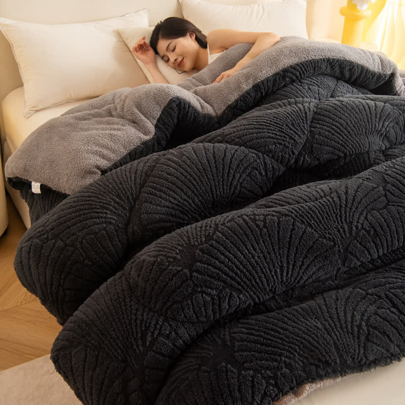Coperta in jacquard Sherpa con foglie di Ginkgo e anima trapuntata