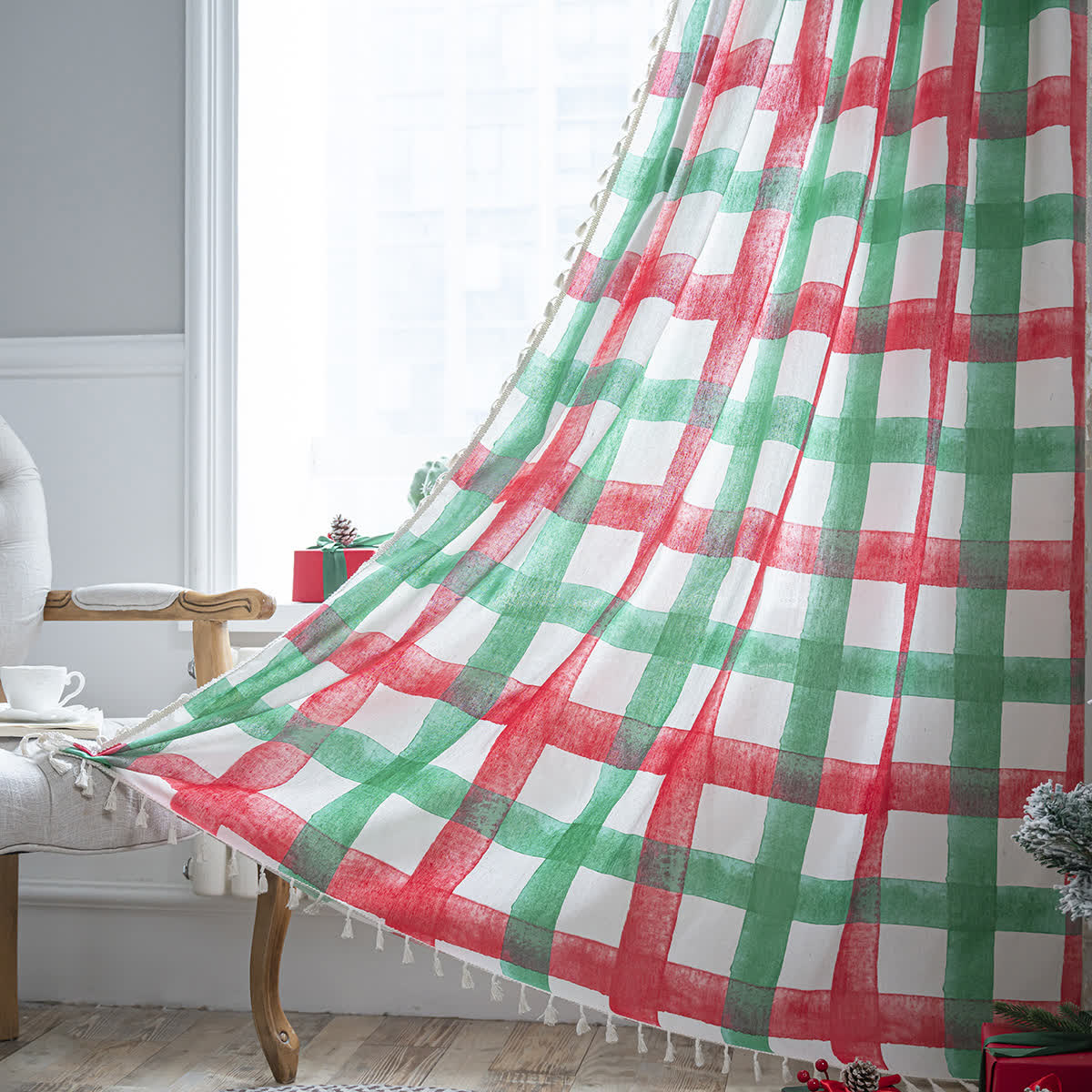 Tenda semi-ombreggiante in cotone a quadri natalizi