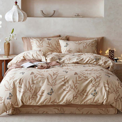 Set di biancheria da letto in cotone spazzolato con motivo a farfalla pastorale (4 pezzi)