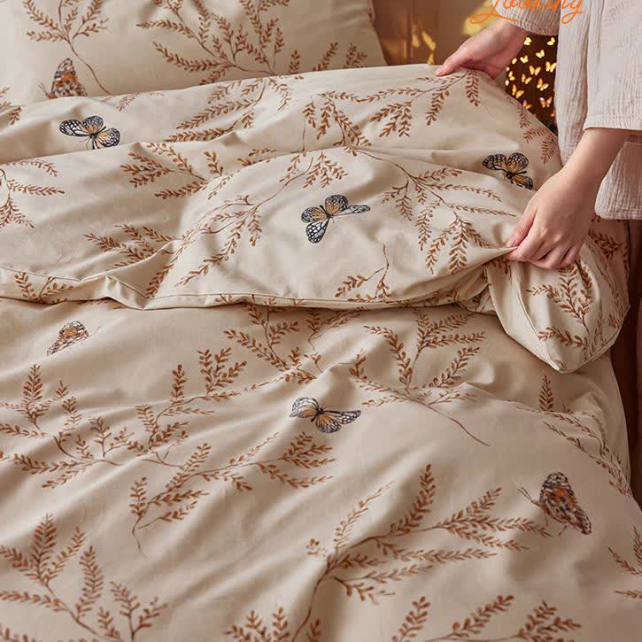 Set di biancheria da letto in cotone spazzolato con motivo a farfalla pastorale (4 pezzi)