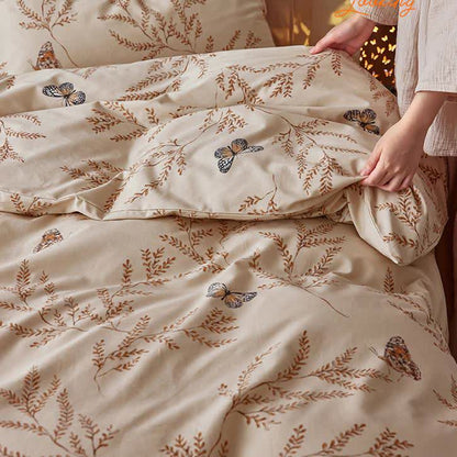 Set di biancheria da letto in cotone spazzolato con motivo a farfalla pastorale (4 pezzi)