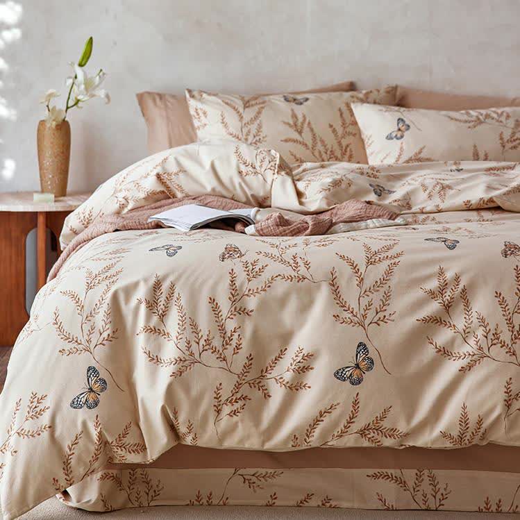 Set di biancheria da letto in cotone spazzolato con motivo a farfalla pastorale (4 pezzi)