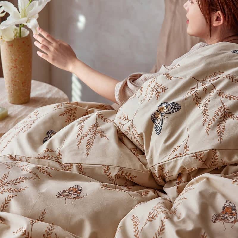 Set di biancheria da letto in cotone spazzolato con motivo a farfalla pastorale (4 pezzi)
