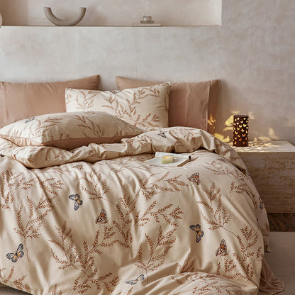 Set di biancheria da letto in cotone spazzolato con motivo a farfalla pastorale (4 pezzi)
