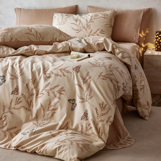 Set di biancheria da letto in cotone spazzolato con motivo a farfalla pastorale (4 pezzi)