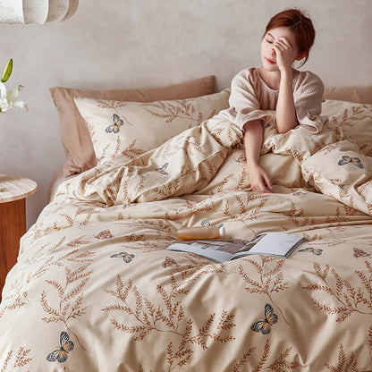 Set di biancheria da letto in cotone spazzolato con motivo a farfalla pastorale (4 pezzi)