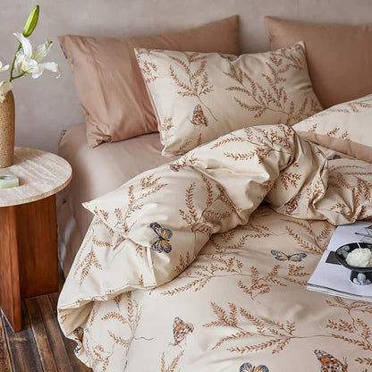 Set di biancheria da letto in cotone spazzolato con motivo a farfalla pastorale (4 pezzi)