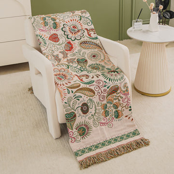 Coperta in garza di cotone con motivo paisley retrò e nappa