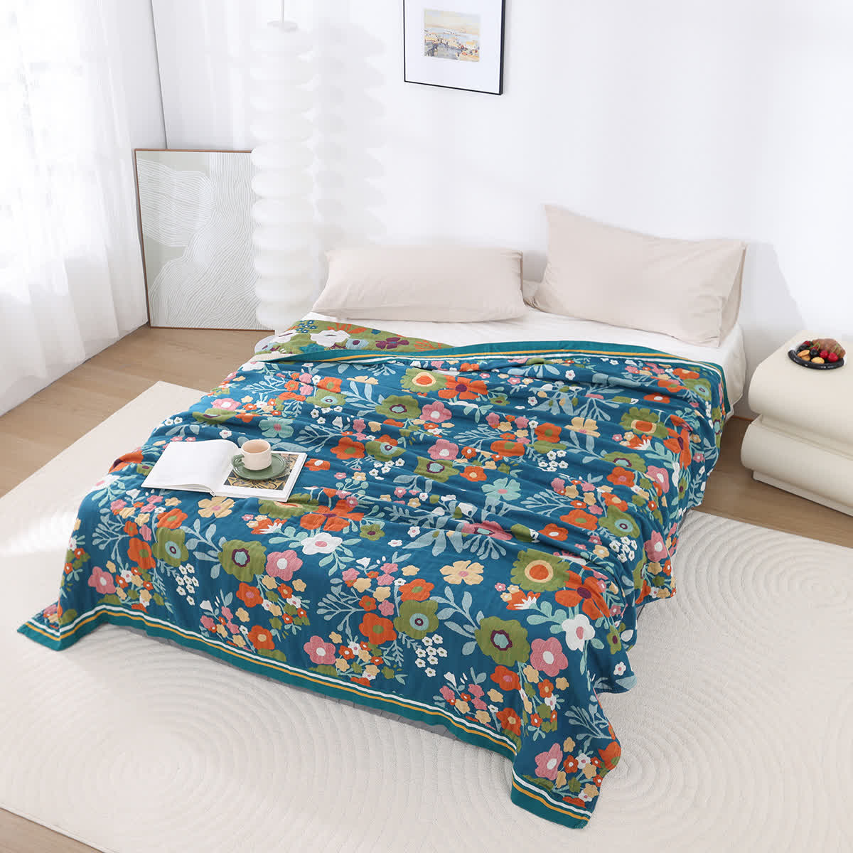 Coperta morbida in garza di cotone con fiori luminosi