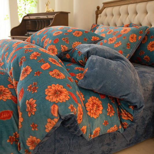 Elegante set di biancheria da letto in velluto floreale e confortevole (4 pezzi)