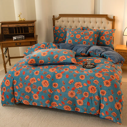 Elegante set di biancheria da letto in velluto floreale e confortevole (4 pezzi)