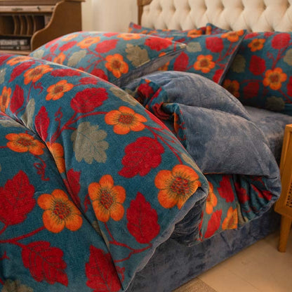 Set di biancheria da letto con fiori luminosi in velluto caldo (4 pezzi)