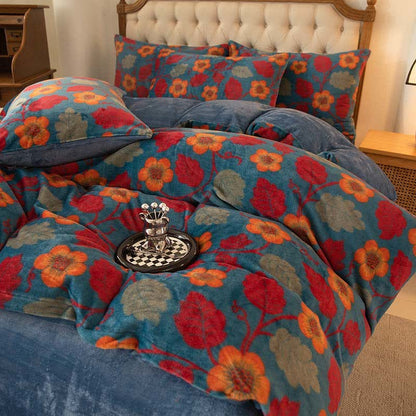 Set di biancheria da letto con fiori luminosi in velluto caldo (4 pezzi)