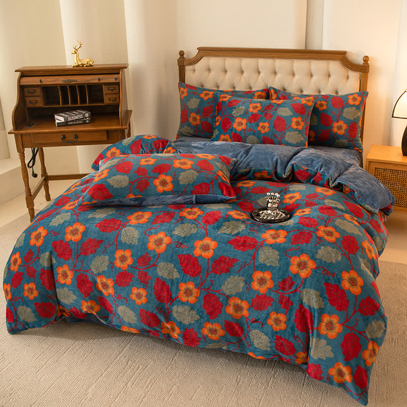 Set di biancheria da letto con fiori luminosi in velluto caldo (4 pezzi)