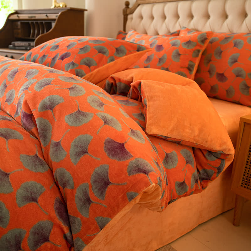 Set di biancheria da letto in velluto con motivo floreale a foglie di ginkgo (4 pezzi)