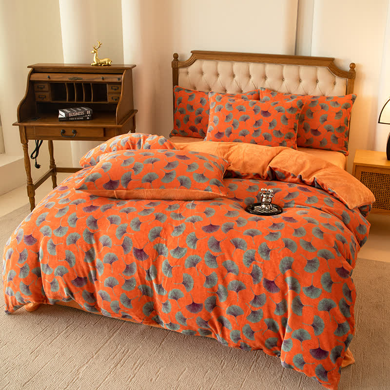 Set di biancheria da letto in velluto con motivo floreale a foglie di ginkgo (4 pezzi)