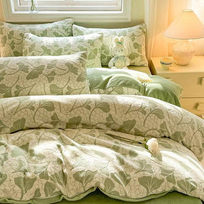 Set di biancheria da letto morbida con foglie di ginkgo in jacquard (4 pezzi)