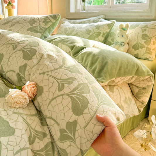 Set di biancheria da letto morbida con foglie di ginkgo in jacquard (4 pezzi)