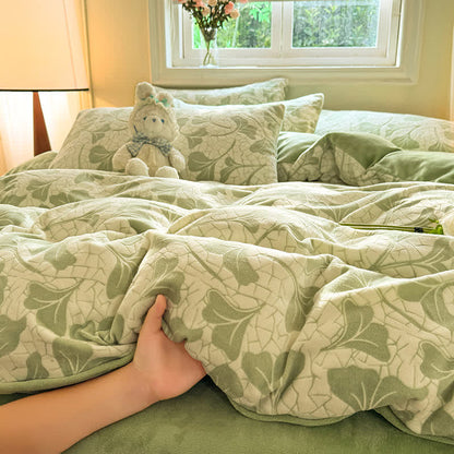 Set di biancheria da letto morbida con foglie di ginkgo in jacquard (4 pezzi)
