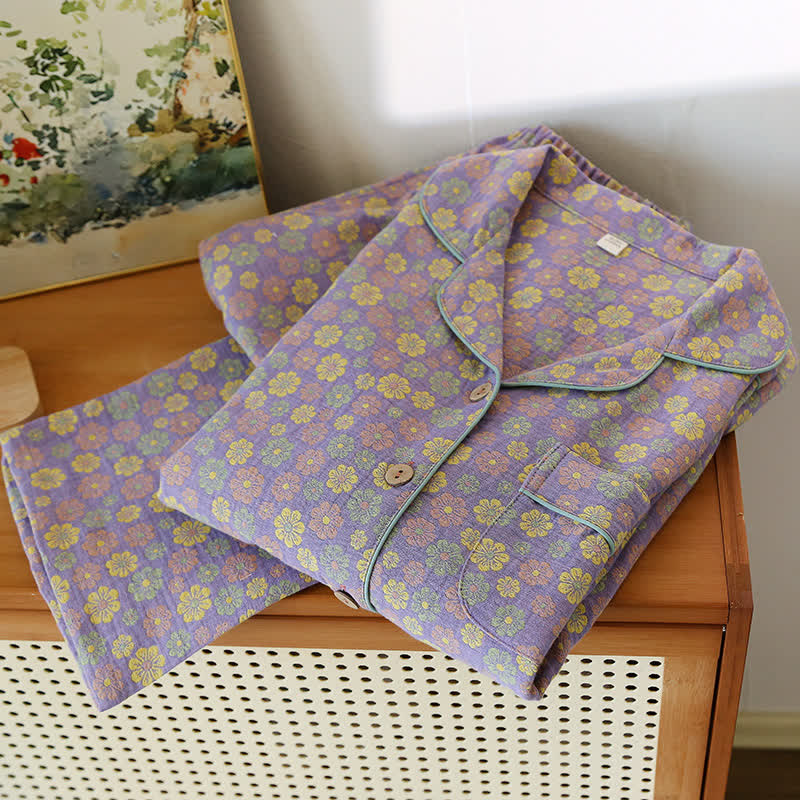 Pigiama in cotone con motivo floreale in jacquard