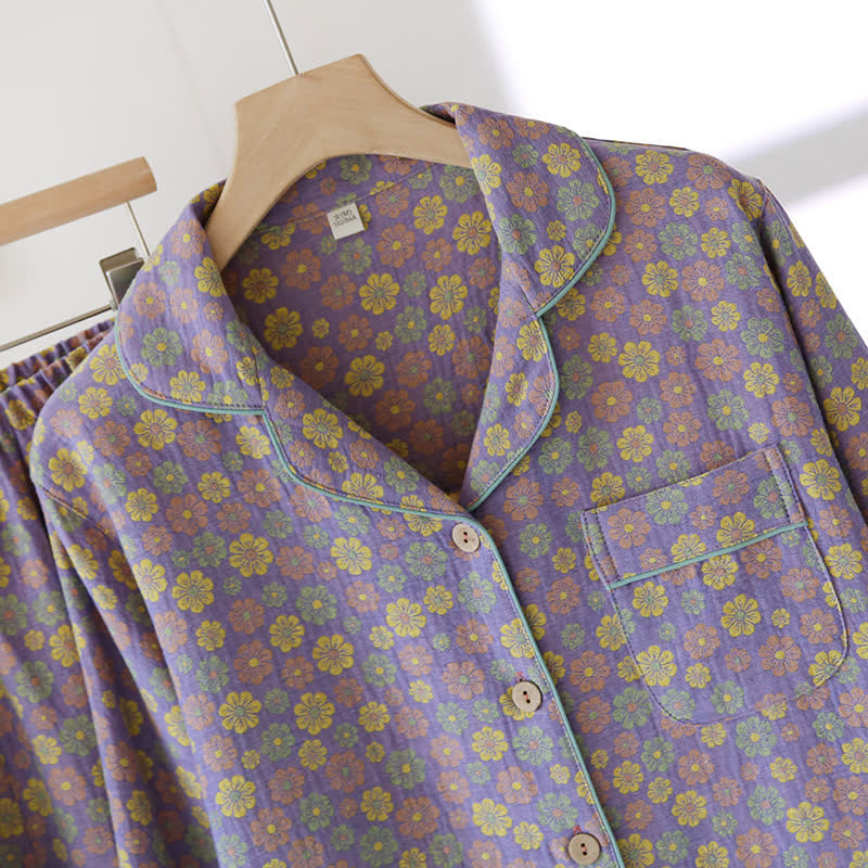 Pigiama in cotone con motivo floreale in jacquard