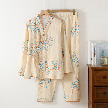Pigiama a maniche lunghe in kimono di cotone con stampa floreale