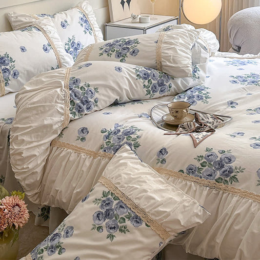 Set di biancheria da letto con copripiumino e gonna da letto in cotone (4 pezzi)