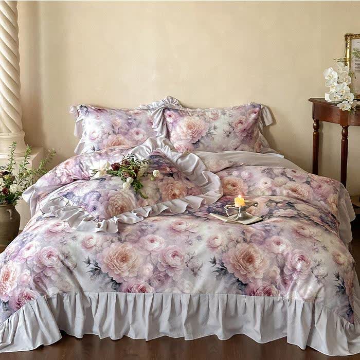 Set di biancheria da letto in cotone con motivo a rose di campagna romantiche (4 pezzi)