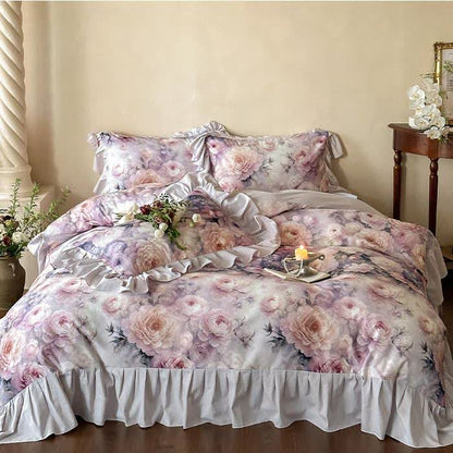 Set di biancheria da letto in cotone con motivo a rose di campagna romantiche (4 pezzi)