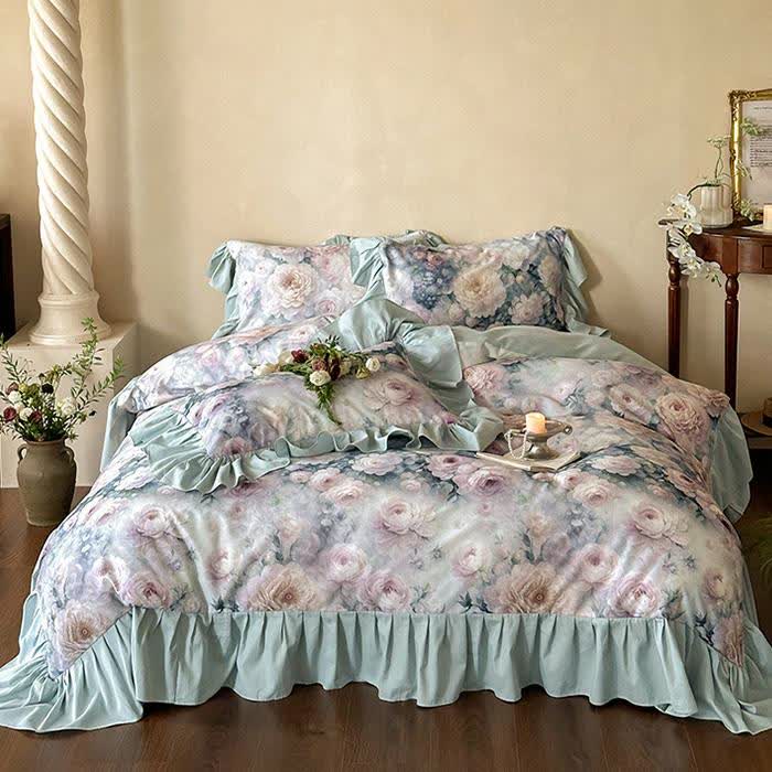 Set di biancheria da letto in cotone con motivo a rose di campagna romantiche (4 pezzi)