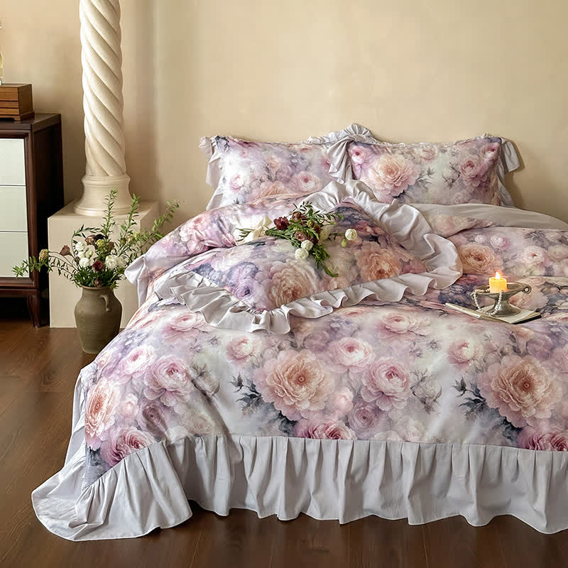 Set di biancheria da letto in cotone con motivo a rose di campagna romantiche (4 pezzi)