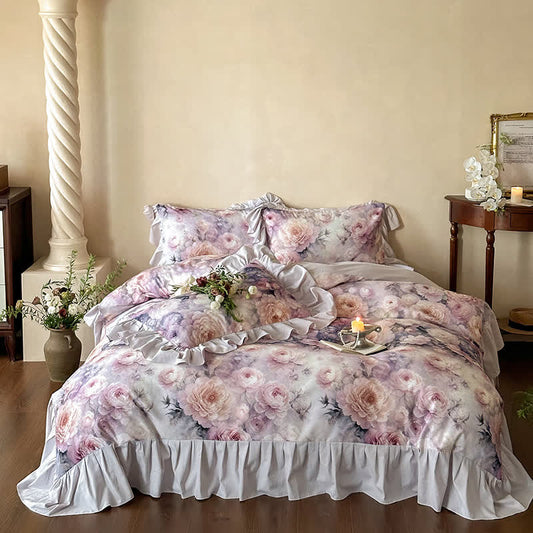 Set di biancheria da letto in cotone con motivo a rose di campagna romantiche (4 pezzi)