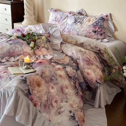 Set di biancheria da letto in cotone con motivo a rose di campagna romantiche (4 pezzi)