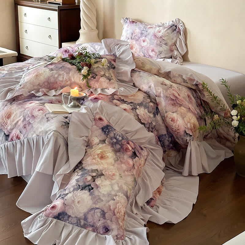 Set di biancheria da letto in cotone con motivo a rose di campagna romantiche (4 pezzi)