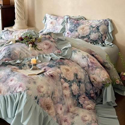 Set di biancheria da letto in cotone con motivo a rose di campagna romantiche (4 pezzi)
