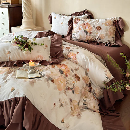Set di biancheria da letto in cotone spazzolato con bordo in pizzo floreale (4 pezzi)
