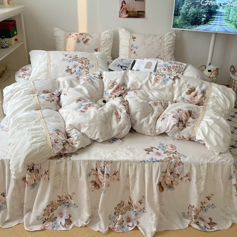 Set di biancheria da letto in puro cotone in stile principessa retrò (4 pezzi)