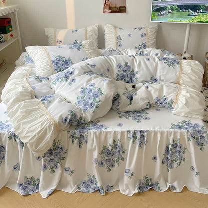 Set di biancheria da letto con copripiumino e gonna da letto in cotone (4 pezzi)