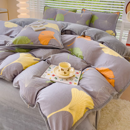 Set copripiumino in cotone con foglie di ginkgo (4 pezzi)