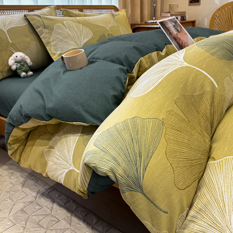 Biancheria da letto vintage in cotone spazzolato con foglie di ginkgo