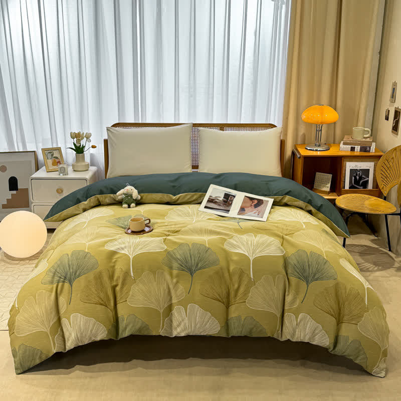 Biancheria da letto vintage in cotone spazzolato con foglie di ginkgo