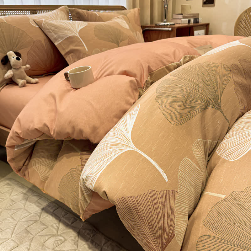 Biancheria da letto vintage in cotone spazzolato con foglie di ginkgo
