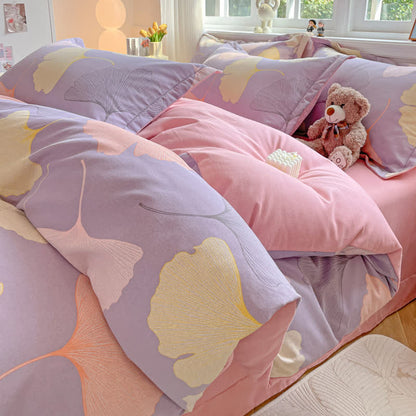 Set di biancheria da letto in caldo cotone spazzolato con foglie di ginkgo (4 pezzi)