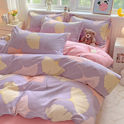 Set di biancheria da letto in caldo cotone spazzolato con foglie di ginkgo (4 pezzi)