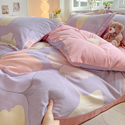 Set di biancheria da letto in caldo cotone spazzolato con foglie di ginkgo (4 pezzi)