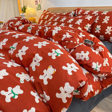 Set di biancheria da letto con orsetto di pan di zenzero in puro cotone spazzolato (4 pezzi)