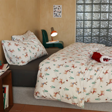 Set di biancheria da letto in cotone con motivo a albero di Natale e alce (4 pezzi)