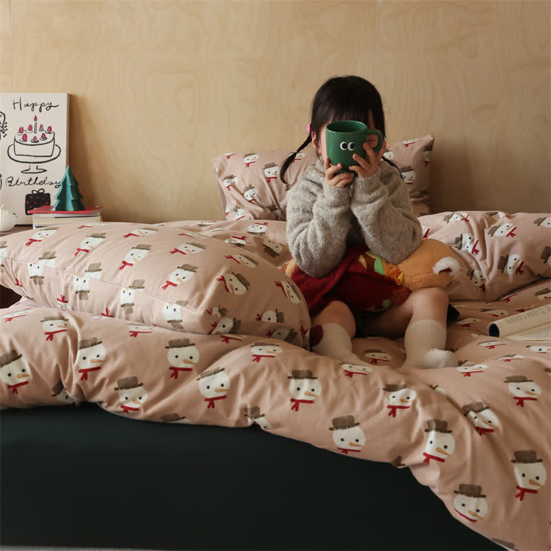 Set di biancheria da letto in cotone con pupazzo di neve natalizio (4 pezzi)