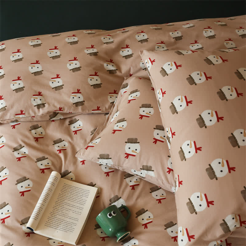 Set di biancheria da letto in cotone con pupazzo di neve natalizio (4 pezzi)